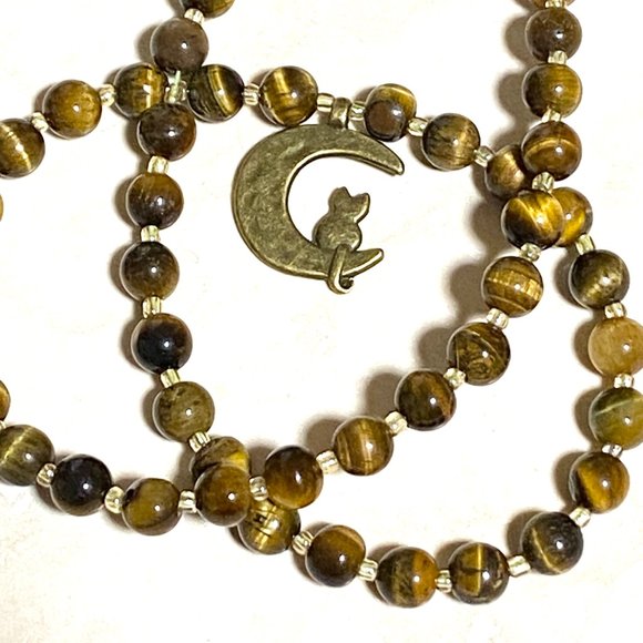 Tigers Eye Bronze Cat on the Moon Necklace, Genuine Gemstone Beaded Necklace - Picture 7 of 10